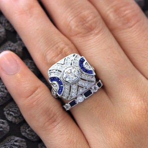 2PCS Art Deco-Inspired Geometric Statement Ring with Blue and White Stones