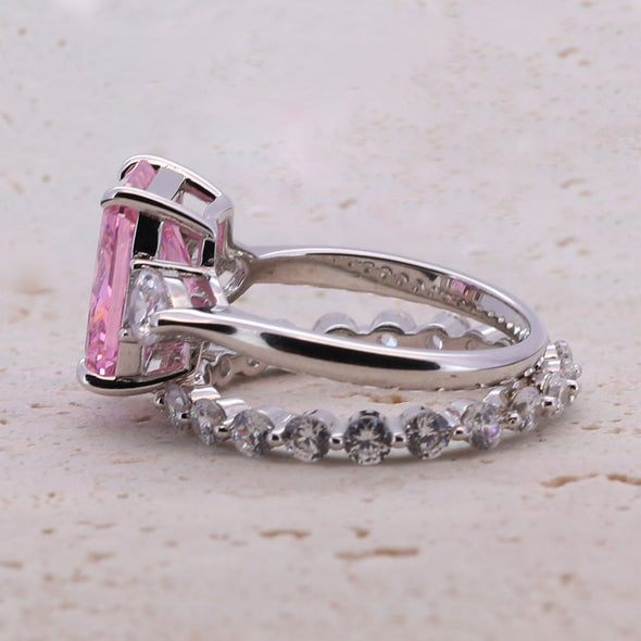 4.0CT Three Stone Pink Sterling Silver Engagement Ring with Eternity Band