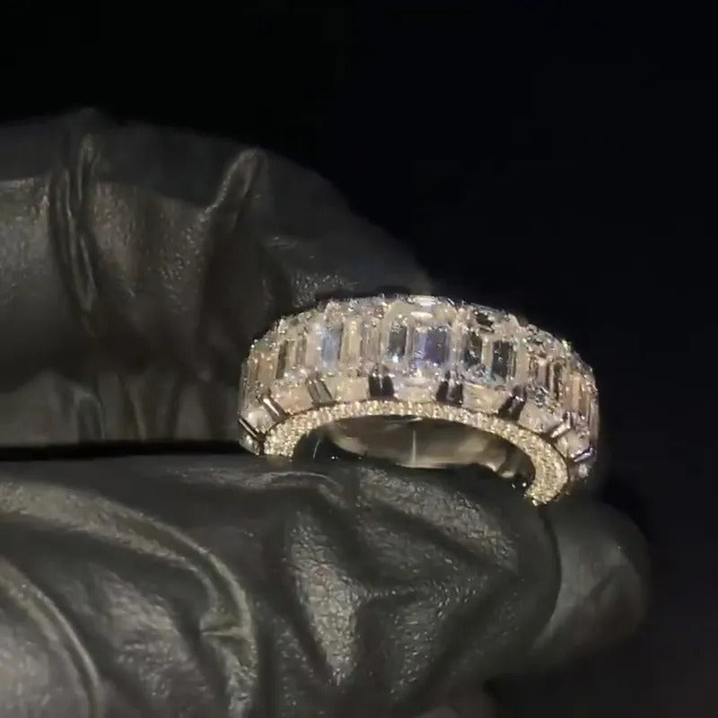 Men's 1ct Each Emerald Cut White Sapphire Eternity Paved Handmade Engagement Ring