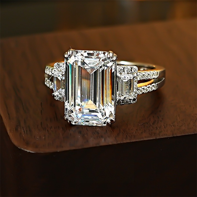 Emerald-Cut Three-Stone Engagement Ring in 925 Sterling Silver