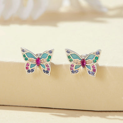 Butterfly Design Colored Gemstone Earrings Stud in Sterling Silver
