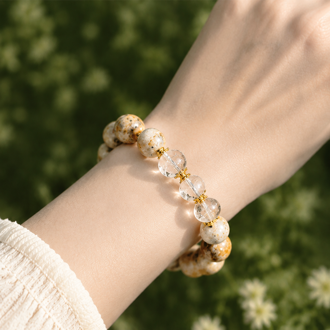 Natural Coral Fossil Jasper & Clear Quartz Bracelet – Elegant Women's Gemstone Beaded Jewelry