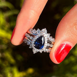 Retro 2 Pcs Blue Pear Cut Halo Design With Insert Band Bridal Set