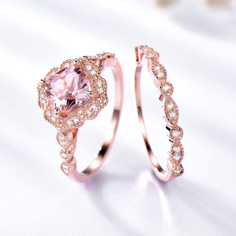 Vintage Pink Morganite Rose Gold Tone Ring Set