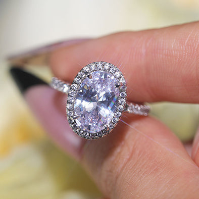 Stunning Oval Cut Halo Design Sterling Silver Engagement Ring