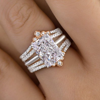 2PCS Crown Design Radiant Cut Enhancer Wedding Ring Set