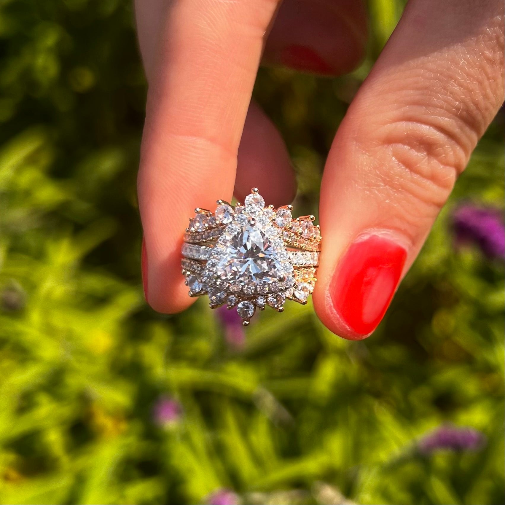 Two Tone Triangle Halo Sterling Silver Bridal Set With Insert Band