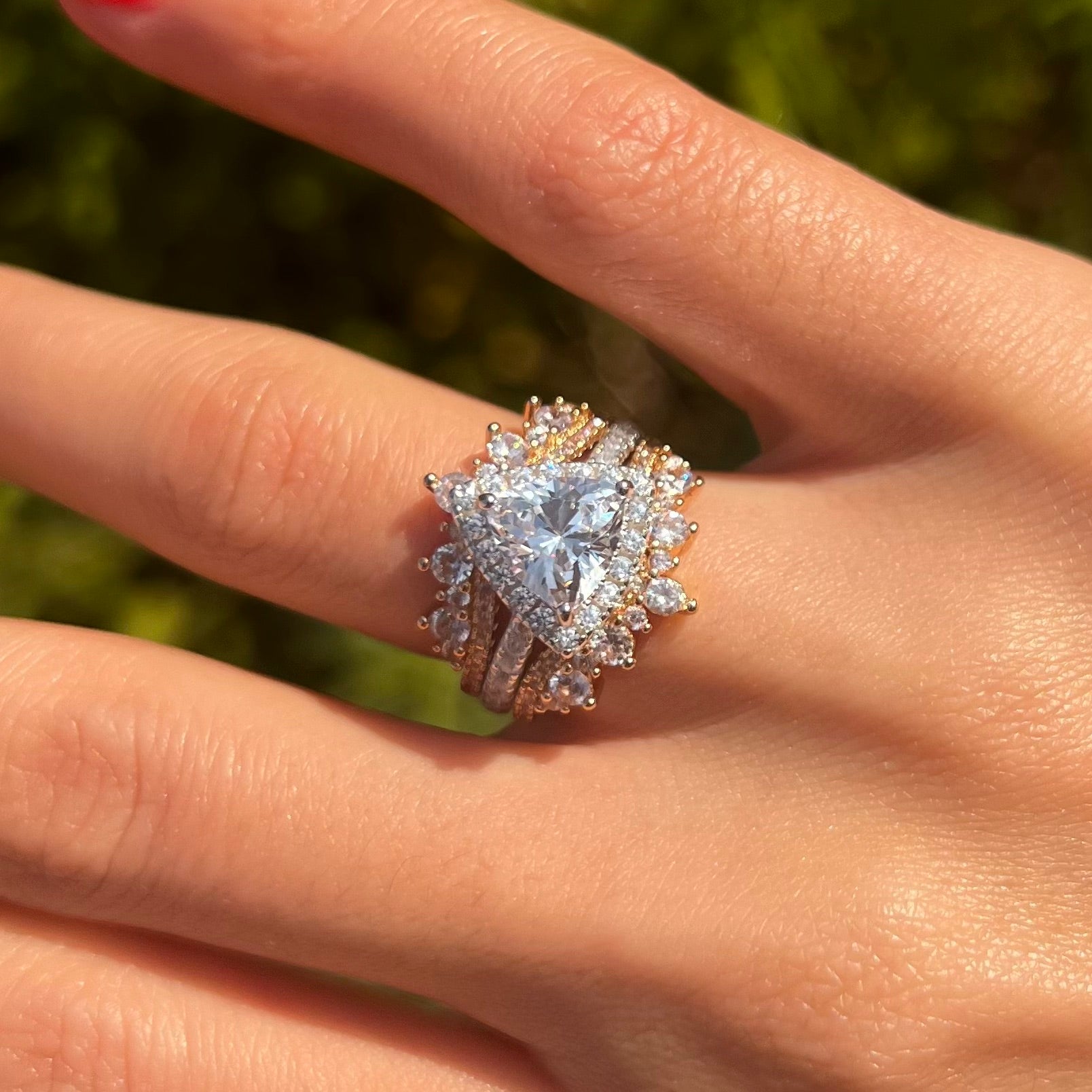 Two Tone Triangle Halo Sterling Silver Bridal Set With Insert Band