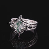 3 Pcs Geometric Natural Black And Green Moss Agate Ring Set