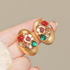 Vintage Brushed Gold Oval Statement Earrings with Colorful Gems