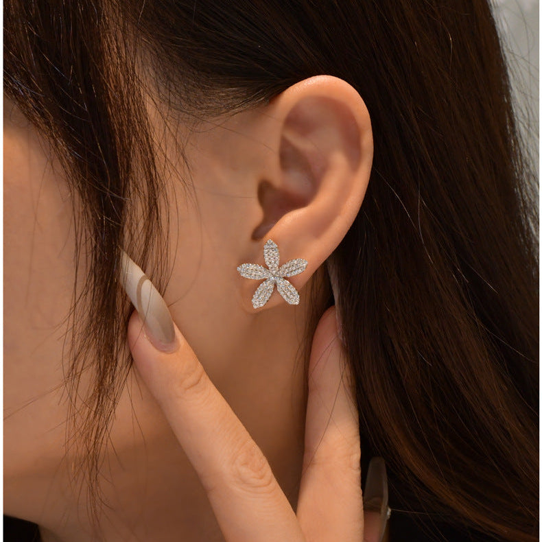 Pave Flower Stud Earrings in Sterling Silver