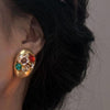 Vintage Brushed Gold Oval Statement Earrings with Colorful Gems