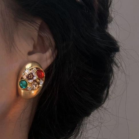 Vintage Brushed Gold Oval Statement Earrings with Colorful Gems