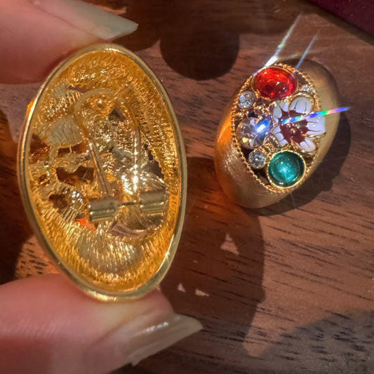 Vintage Brushed Gold Oval Statement Earrings with Colorful Gems