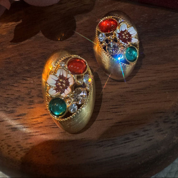 Vintage Brushed Gold Oval Statement Earrings with Colorful Gems