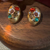 Vintage Brushed Gold Oval Statement Earrings with Colorful Gems