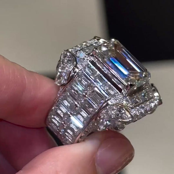 Luxury Halo Emerald Cut Handmade Men's Ring in Sterling Silver