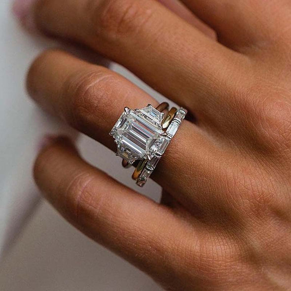 3PCS Three Stone Emerald Cut Bridal Set