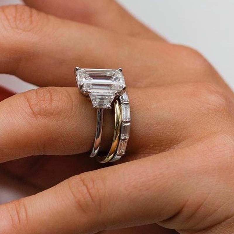 Emerald Cut Three Stone Engagement Ring & Wedding Band