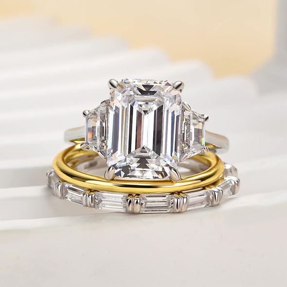 3PCS Three Stone Emerald Cut Bridal Set