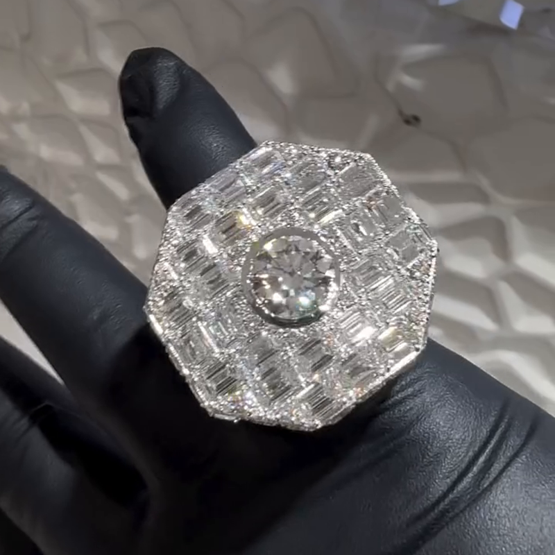 Luxury Handmade 3ct Round Cut Center Stone With Emerald Cut Side Stones White Sapphire Men's Ring