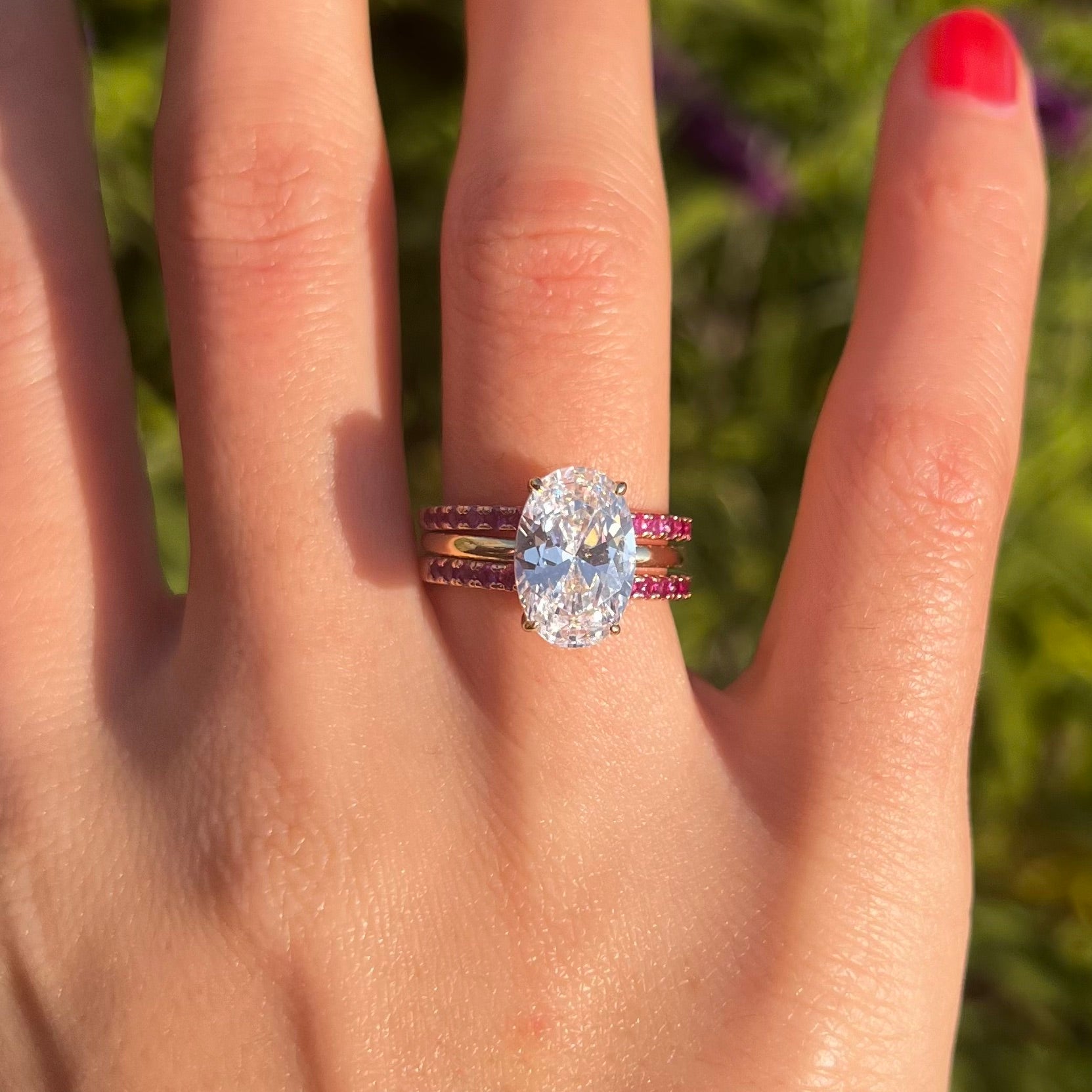 Vintage 3 Pcs Oval Cut Hidden Halo Design Sterling Silver Bridal Set With Ruby Band