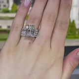 2Pcs Hidden Halo  Radiant Cut Sterling Silver Bridal Set Rings