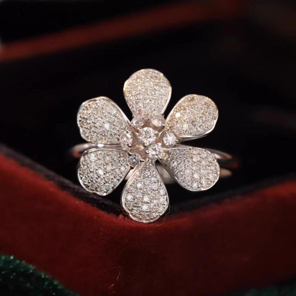 Six-petal Flower Engagement Ring in Sterling Silver