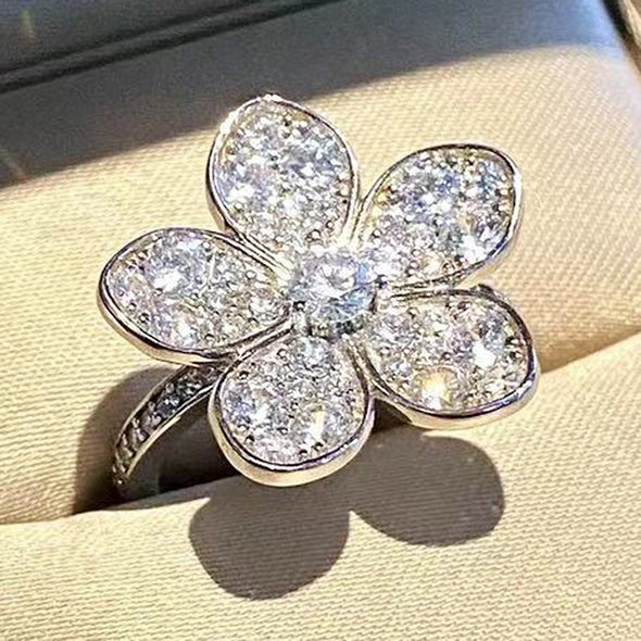 Five Petal Flower Shaped Engagement Ring in Sterling Silver