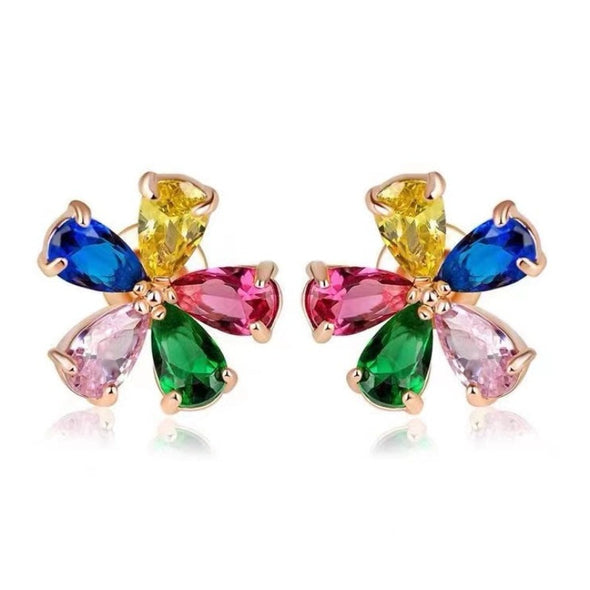 Rose Gold /18K White Gold Plated Sterling Silver Colorful Five-petal Flower Earrings Stud
