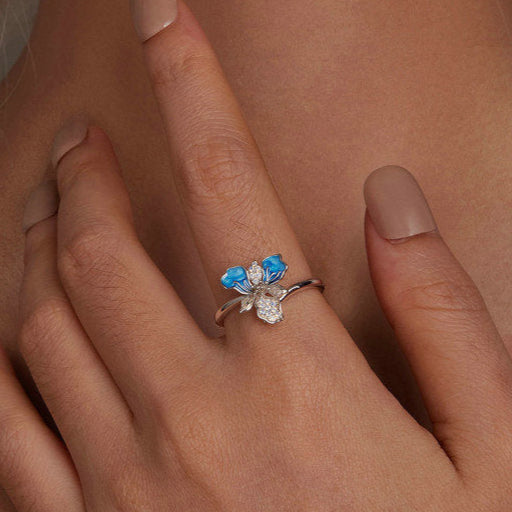 Blue Iris Sterling Silver Adjustable Ring – Enamel & White Gold Plated