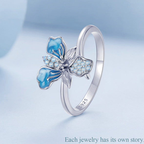 Blue Iris Sterling Silver Adjustable Ring – Enamel & White Gold Plated