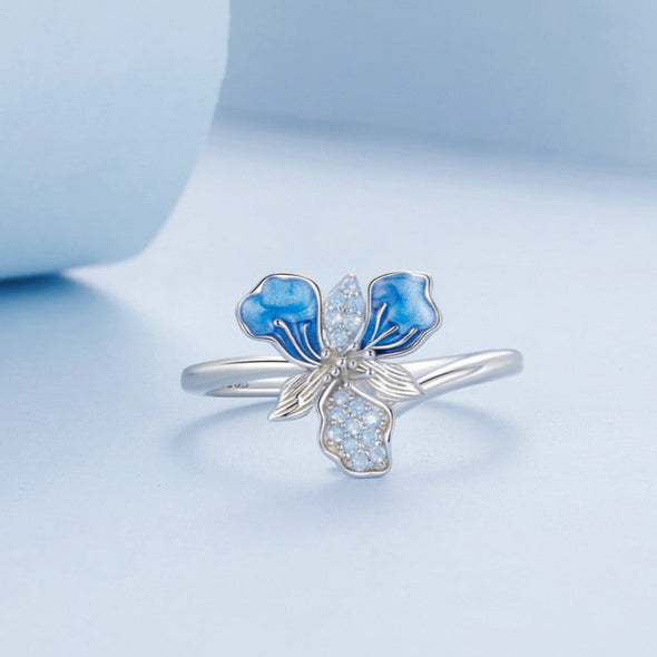 Blue Iris Sterling Silver Adjustable Ring – Enamel & White Gold Plated