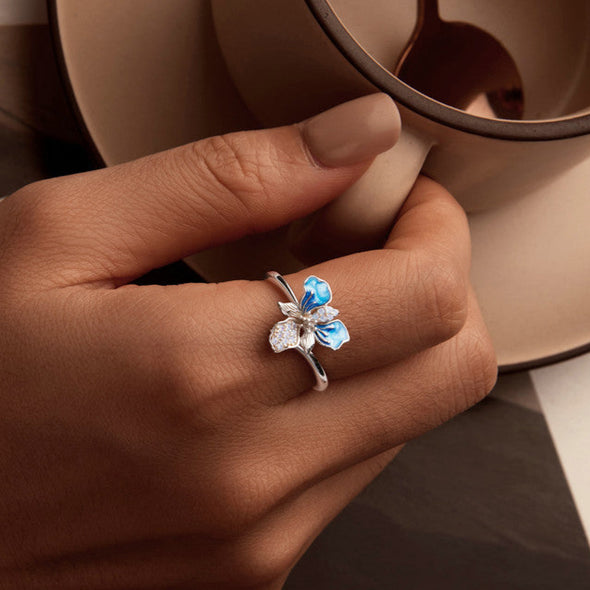Blue Iris Sterling Silver Adjustable Ring – Enamel & White Gold Plated