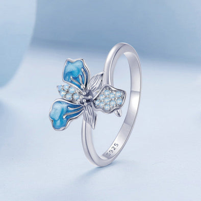 Blue Iris Sterling Silver Adjustable Ring – Enamel & White Gold Plated