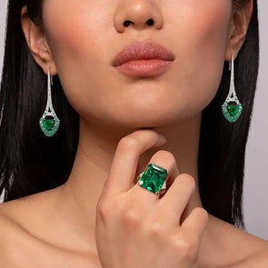 Vintage Emerald Green Engagement Ring & Drop Earrings Set