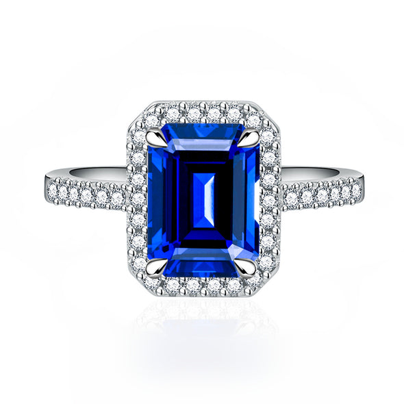 Multi-Color Halo Emerald Cut Engagement Ring In Sterling Silver