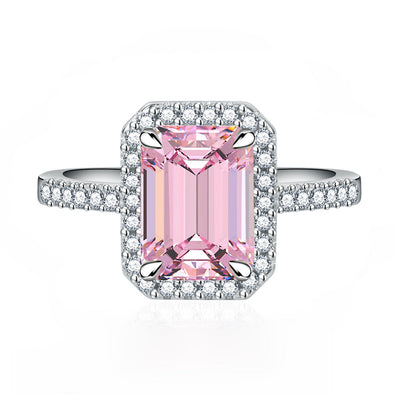 Multi-Color Halo Emerald Cut Engagement Ring In Sterling Silver