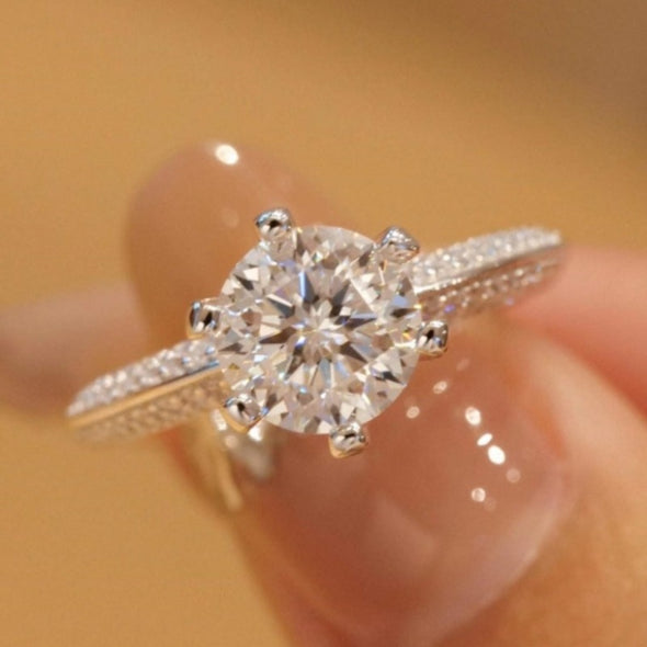 Gorgeous 6 Prong Pave Set Round Cut Moissanite Engagement Ring