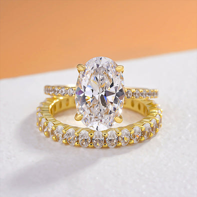 2PCS Gold Tone Oval Cut Bridal Set Rings In Sterling Silver