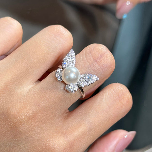 Butterfly Pearl  Fashionable Adjustable Ring In Sterling Silver