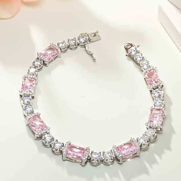 Radiant Cut Pink Gemstone Tennis Bracelet in Sterling Silver