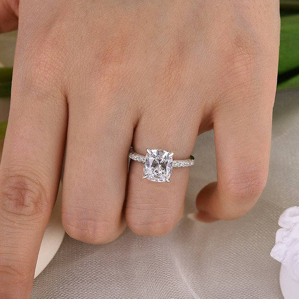 Classic 4 Prong Cushion Cut Engagement Ring In Sterling Silver