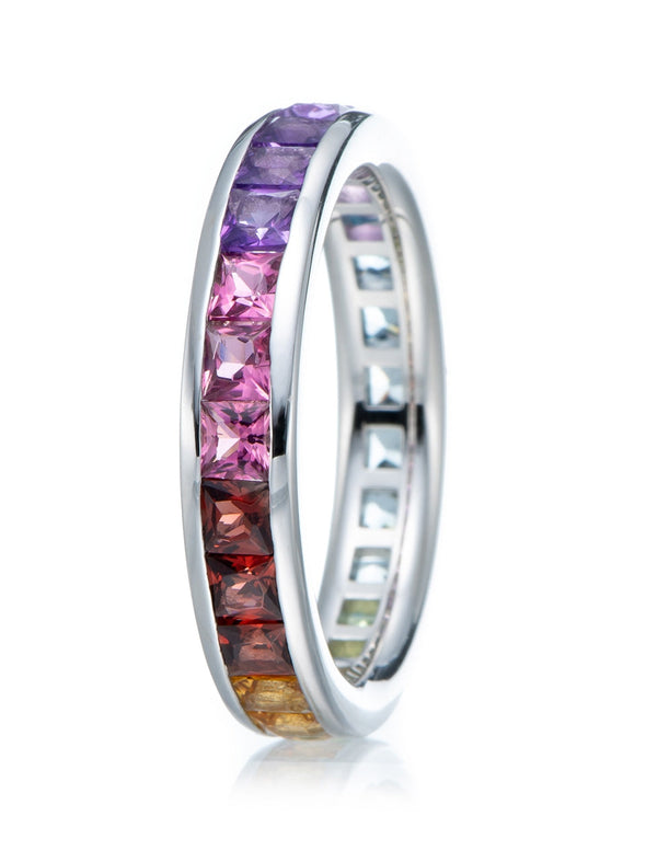 Rainbow Color Princess Cut Sterling Silver Wedding Band