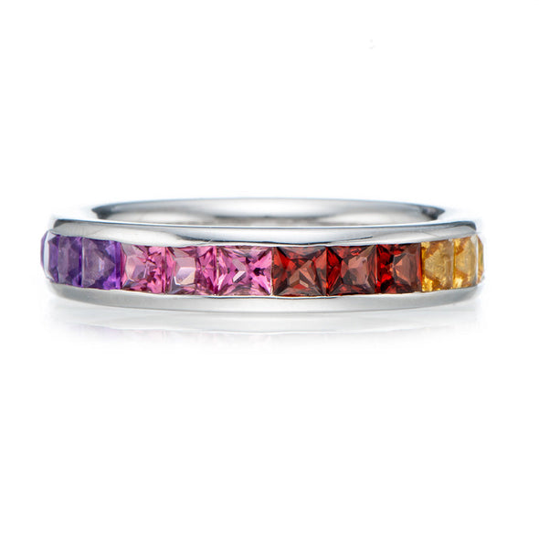 Rainbow Color Princess Cut Sterling Silver Wedding Band