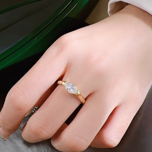 Classic East West Marquise Cut Golden Tone Engagement Ring