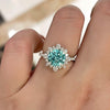 Snowflake Round Cut Cyan Blue Engagement Ring In Sterling Silver