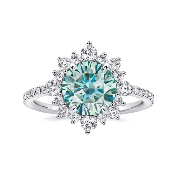 Snowflake Round Cut Cyan Blue Engagement Ring In Sterling Silver