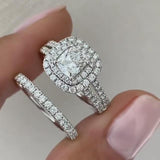 2PCS Double Halo Cushion Cut Bridal Set Ring in Sterling Silver