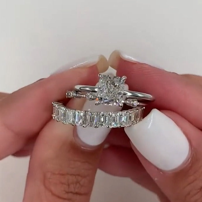 Emerald Cut Wedding Band With Radiant Cut Engagement Ring 2PCS